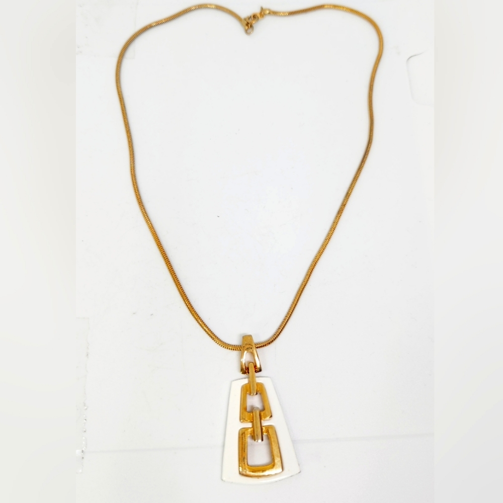 Vtg 50/60s White Enamel Gold Tone Snake Chain Necklace Art Deco Mod Minimalist